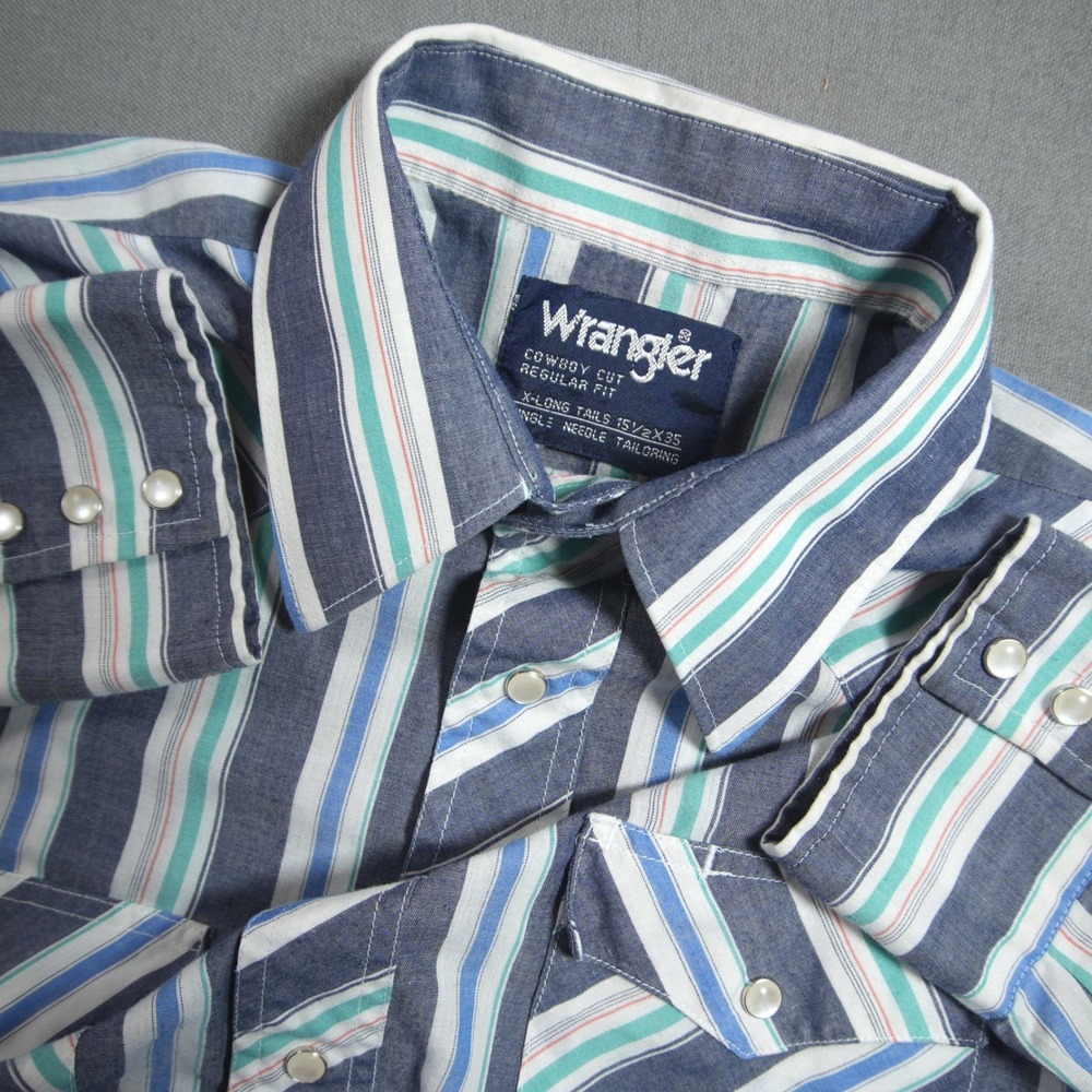 VTG Wrangler Stripe Cowboy Western Pearl Snap Men Shirt M Rodeo Retro Country